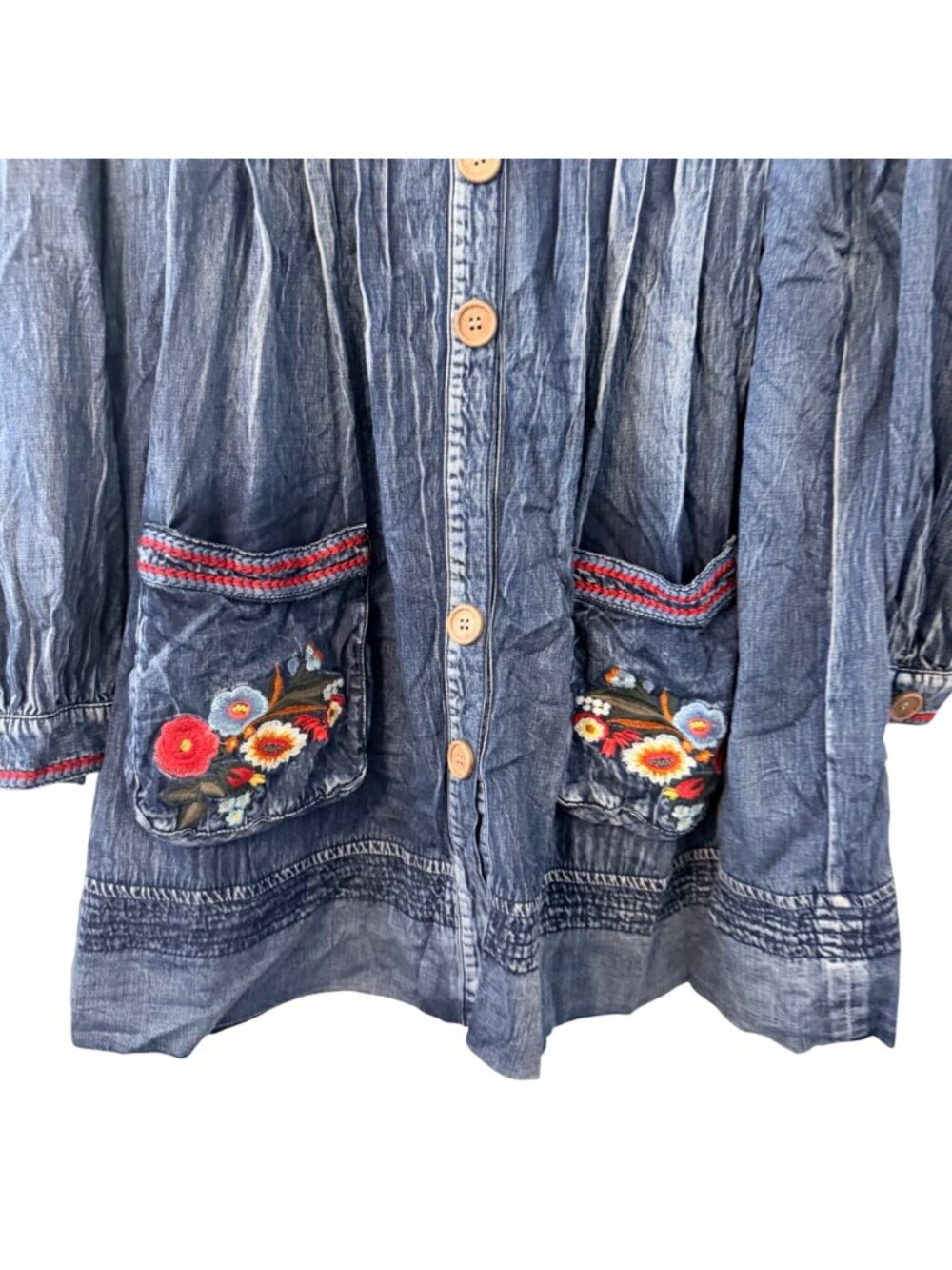 Keer Qibown Embroidered Denim Tunic Jacket Floral Pockets & Button Front Size S - Picture 6 of 12